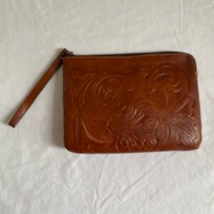 Patricia Nash Brown Tooled Italian Leather Wristlet Clutch